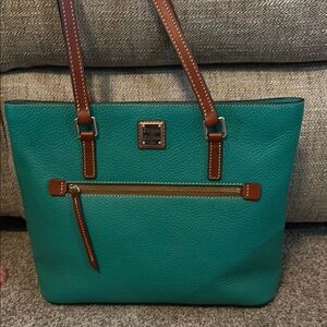Dooney & Bourke Kelly Green and Brown Tote Bag with Structured Design.
